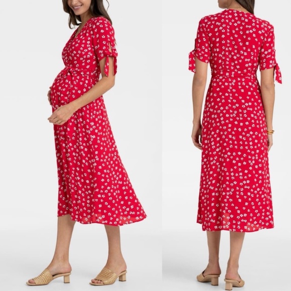 Seraphine Wrap Dress 2 Maternity Red Floral Short Sleeve Baby Shower Easter - Picture 1 of 11